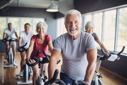 Active graceful Senior Women and Friends Practicing cycling exercise class for muscle health, workout, and training with the retirement community, exercise, and happy elderly friends group. photo