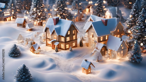 Christmas and New Year miniature houses in the snow. Christmas background.