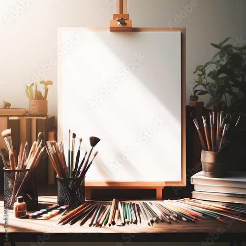 Close up of artist workspace with blank white canvas, wooden easel, colorful pencils and other items. Mock up,