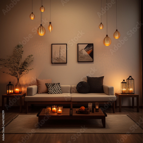 a modern minimal indian living room, decorated for diwali, sofa, side tables, fairy lights, lamps and diyas, realistic image, photographic image photo