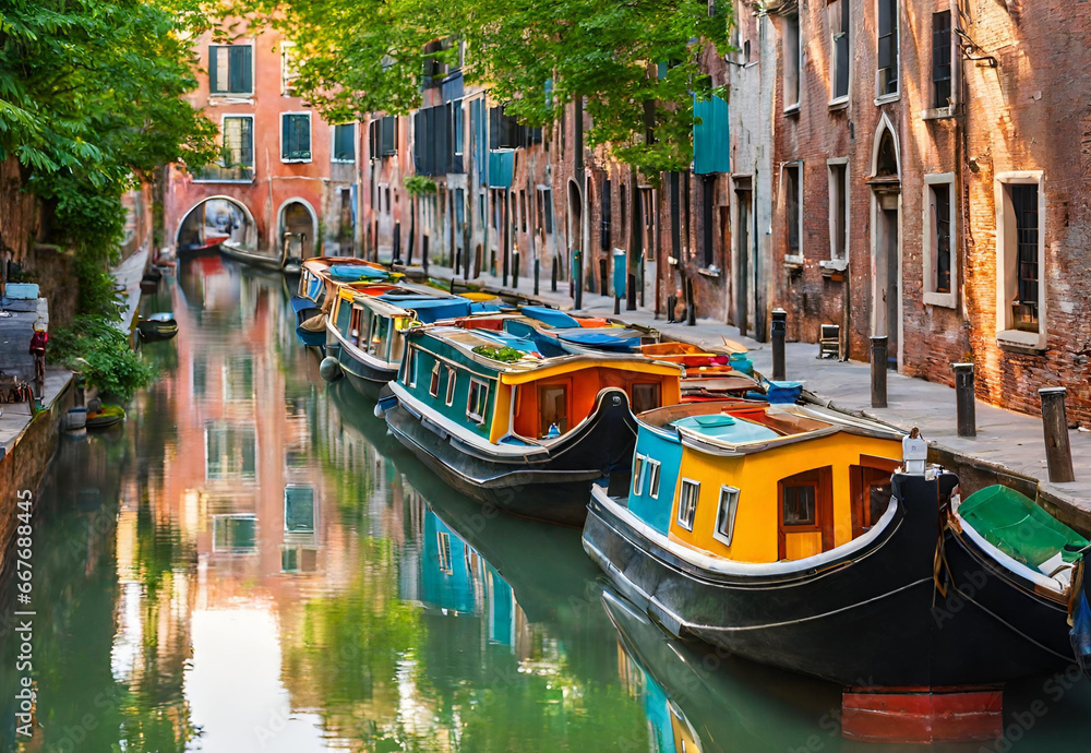 A picturesque scene of colourful canal boats in a serene waterway.