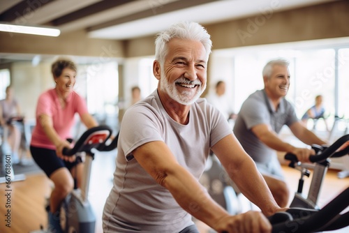 Active graceful Senior Women and Friends Practicing cycling exercise class for muscle health, workout, and training with the retirement community, exercise, and happy elderly friends group. photo