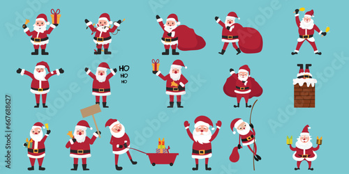 Santa Claus Set of funny cartoon Santa with different  Vector illustration isolated background