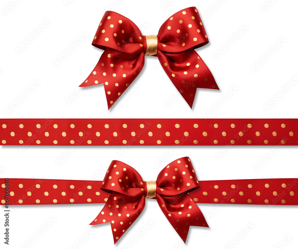 Red bow ribbon with gold pattern and red ribbon with isolated against transparent background. Christmas and happy birthday concept Red bow ribbon with gold pattern and red ribbon with isolated against transparent background. Christmas and happy birthday concept