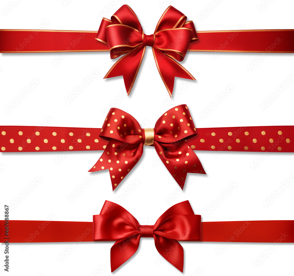 Red bow ribbon with gold pattern and red ribbon with isolated against transparent background. Christmas and happy birthday concept Red bow ribbon with gold pattern and red ribbon with isolated against transparent background. Christmas and happy birthday concept