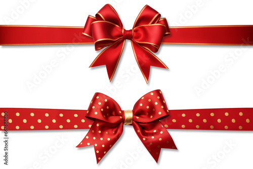 Red bow ribbon with gold pattern and red ribbon with isolated against transparent background. Christmas and happy birthday concept