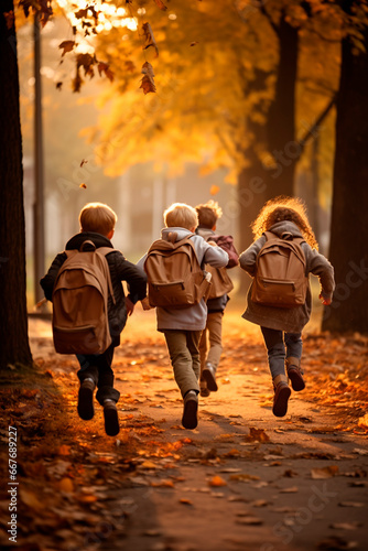 Children with backpacks go to school. Generative AI, © yanadjan