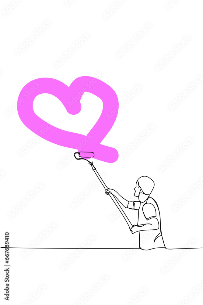 The painter painted a heart on the wall, worker in uniform one line art. Continuous line color drawing of repair, professional, people, concept, support, maintenance. The painter painted a heart on the wall, worker in uniform one line art. Continuous line color drawing of repair, professional, people, concept, support, maintenance.