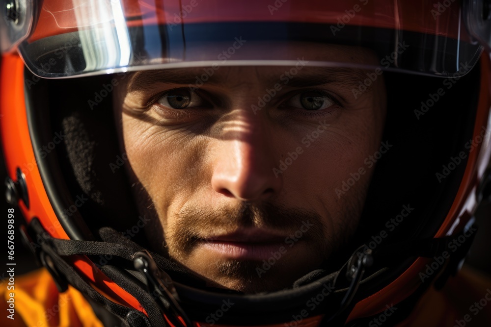 Formula 1 Pilot Portrait in the Cockpit. Sports Car Driver portrait. Formula 1 Pilot Portrait in the Cockpit. Sports Car Driver portrait.