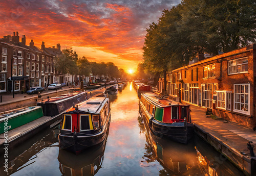 Leinwand Poster A vibrant sunset over canal boats, casting warm hues across the water