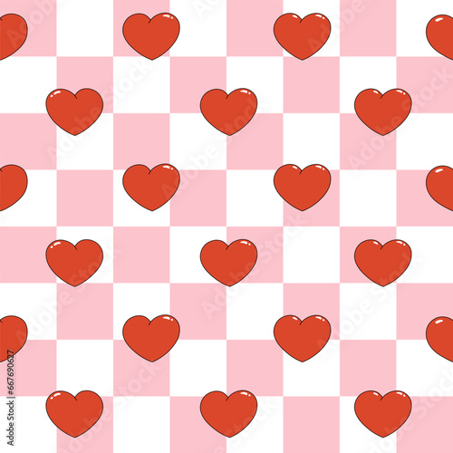 Seamless pattern of red hearts. Cartoon elements in trendy retro style on pink checkerboard background
