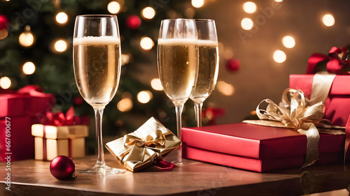 Glasses of champagne with christmas gift boxes and tree on background © wannasak