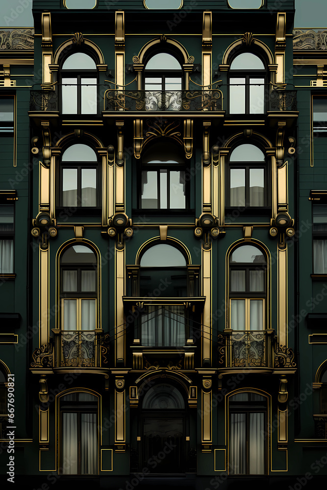 Fototapeta premium A stunning architectural masterpiece, this black and white building adorned with opulent gold trim stands as a timeless symbol of sophistication and grandeur