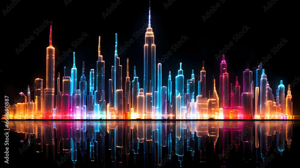 A mesmerizing city skyline comes to life, intricately crafted from a web of neon tubes, each radiating a vibrant spectrum of colors