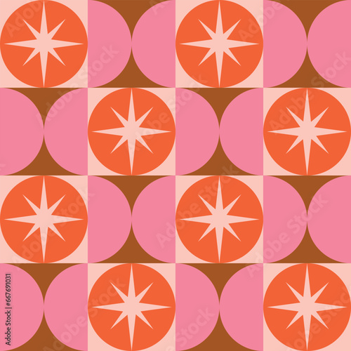 Mid century modern starbursts on orange circle with pink half circles seamless pattern. For home décor, posters and wallpaper