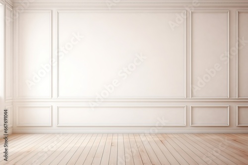 Empty room interior background, white paneling wall, wooden flooring and big window. © ORG