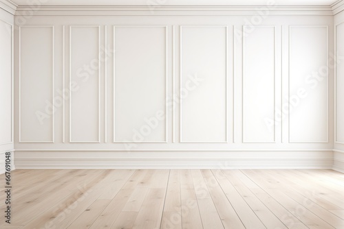 Empty room interior background  white paneling wall  wooden flooring and big window.