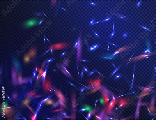 Colorful optical rainbow lights beam lens flare leak overlay streaks on transparent dark background. Abstract refraction glow effect on black background. Background with diamond lights. Vector png. 