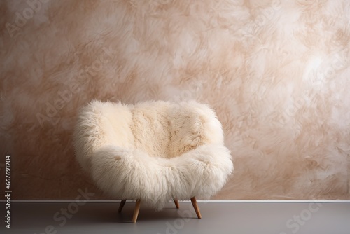 Fluffy fur sheepskin lounge chair on shaggy rug against venetian stucco wall with copy space. Minimalist home