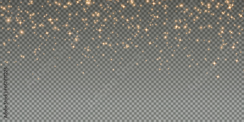 Christmas background. Powder dust light PNG. Magic shining gold dust. Fine, shiny dust bokeh particles fall off slightly. Fantastic shimmer effect. Vector illustrator.