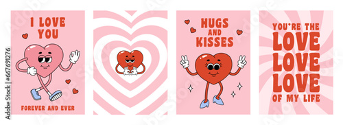 Set of Valentine Day greeting cards with groovy heart characters. Love concept. Template for poster, banner, invitation, greeting card