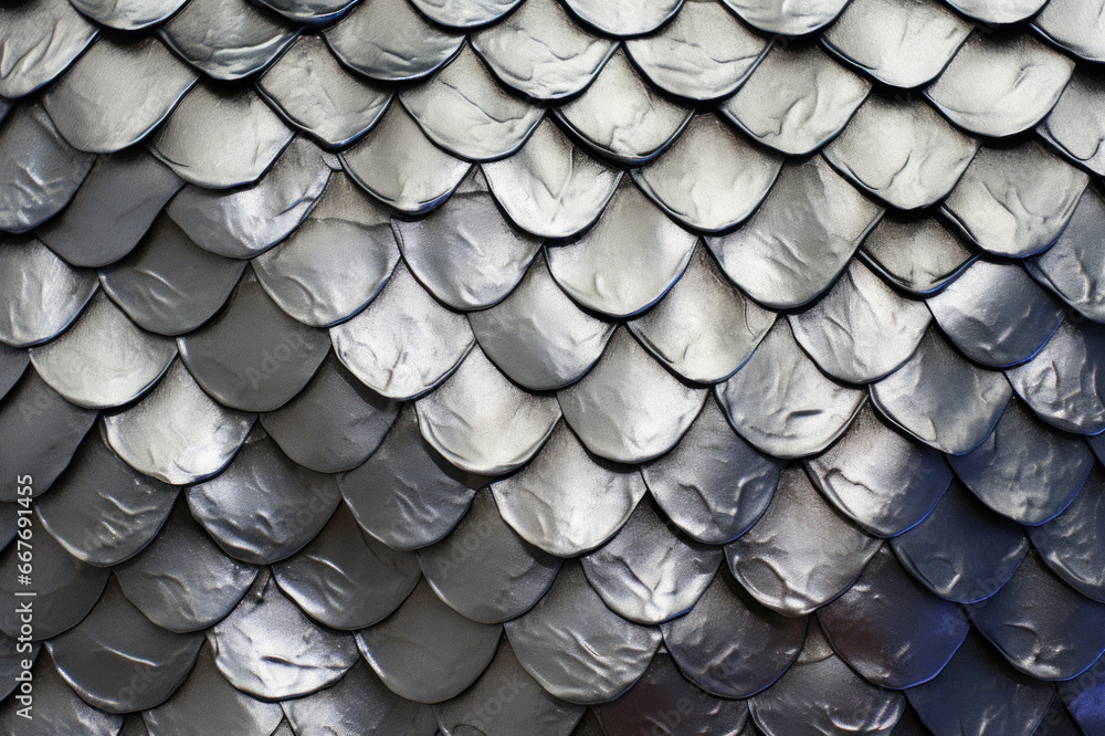 Silver dragon scale texture. Dragon, dinosaur skin background. Squama of fish, mermaid, reptile or fantasy monster. Monster leather background. Fantasy pattern. Generated by artificial intelligence Silver dragon scale texture. Dragon, dinosaur skin background. Squama of fish, mermaid, reptile or fantasy monster. Monster leather background. Fantasy pattern. Generated by artificial intelligence
