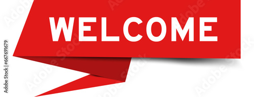 Red color speech banner with word welcome on white background