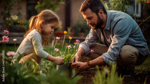 Father and daughter plant flowers in the garden. Generative AI,