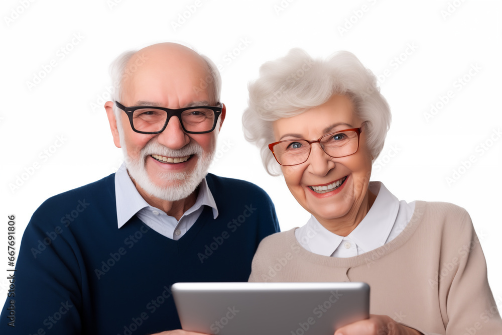 Portrait of an elderly couple of a man and a woman of Caucasian appearance, smiling and standing in an embrace, holding a tablet and hugging on a white background. Portrait of an elderly couple of a man and a woman of Caucasian appearance, smiling and standing in an embrace, holding a tablet and hugging on a white background.