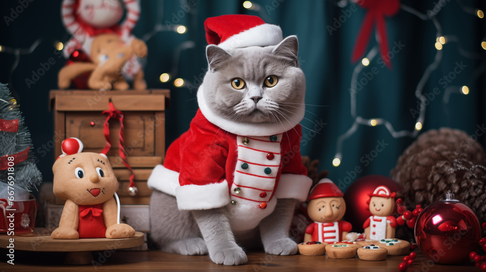 British Shorthair Cat in a Christmas Costume