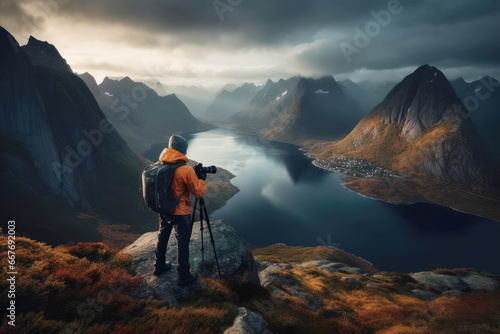 Male photographer in Norway mountains, dramatic sky