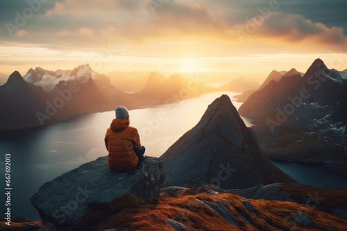 Woman sitting on rock and enjoying sunset in Norway