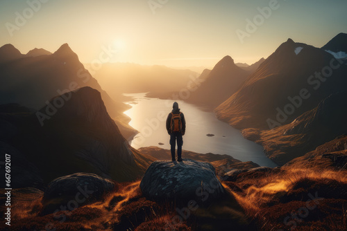 Young man in mountains at sunset