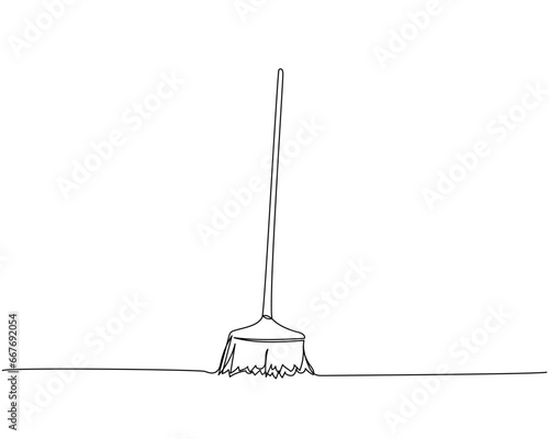 Broom, cleaning brush, construction, cleaning one line art. Continuous line drawing of repair, professional, hand, people, concept, support, maintenance.
