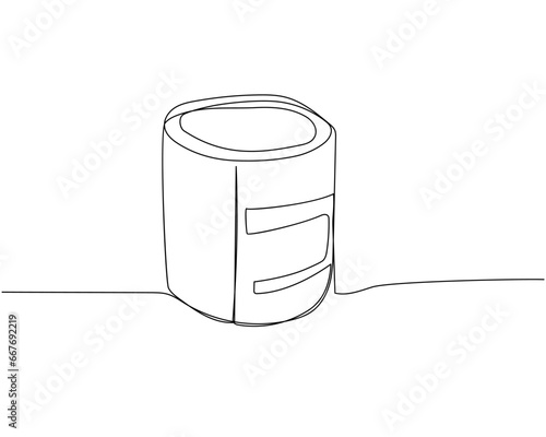 Can of paint, glue, varnish, thinner, building materials one line art. Continuous line drawing of repair, professional, hand, people, concept, support, maintenance.