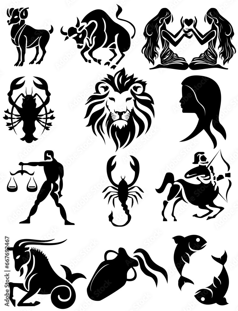 twelve zodiac sign vector icons. Silhouettes of zodiac signs