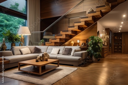 Interior design modern living room interior with wooden stairs