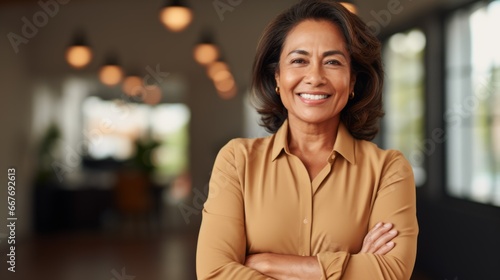 Smiling Old Indian Woman with Brown Straight Hair Photo. Portrait of Business Person on Office Background. Photorealistic Ai Generated Horizontal Illustration. photo