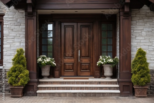 Entrance Door: Georgian wooden front door with pillars and stone walls. photo