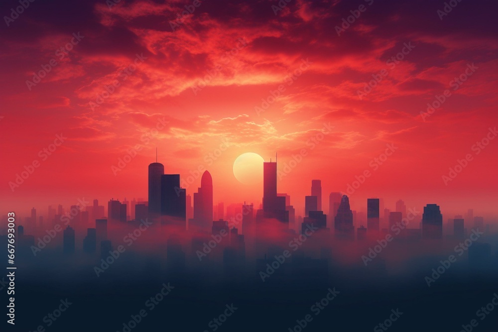 Cityscape skyline with foggy sunrise. Generative AI