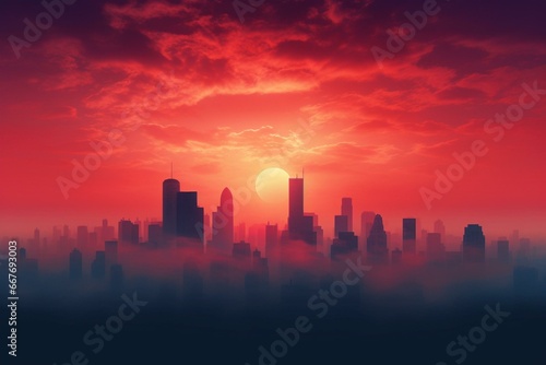 Cityscape skyline with foggy sunrise. Generative AI
