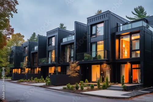 Modern modular private black townhouses. Residential architecture exterior. © ORG