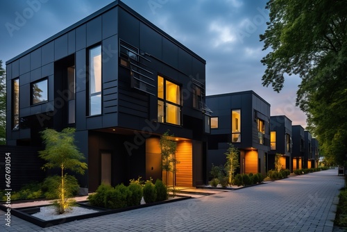 Modern modular private black townhouses. Residential architecture exterior. © ORG