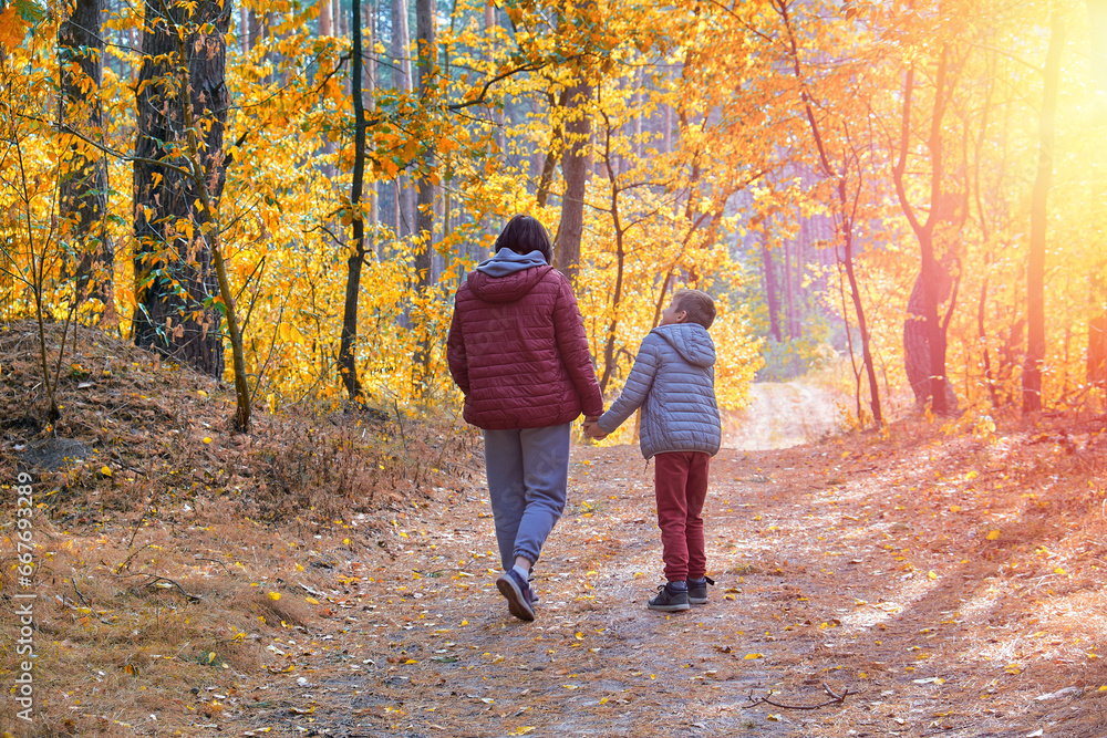 Family walking in the forest. Mother and young son holding hands strolling along a sunlit autumn forest path - family bonding, nurturing, quality time, parenthood, togetherness. Family walking in the forest. Mother and young son holding hands strolling along a sunlit autumn forest path - family bonding, nurturing, quality time, parenthood, togetherness.