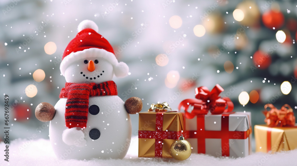 Christmas Eve Holiday Cute Snowman Giving Gifts in Outdoor Background Selective Focus Christmas Eve Holiday Cute Snowman Giving Gifts in Outdoor Background Selective Focus