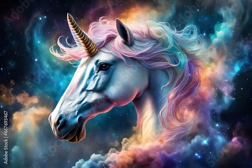 Create an image of a majestic unicorn formed from iridescent gas clouds amidst distant galaxies