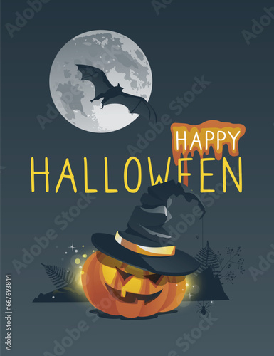 Vector realistic set of happy halloween elements hat, crow, raven, pumpkin, banner template isolated on white background