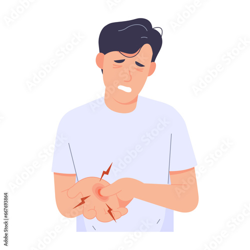 Man patient massaging the palms and fingers. Because I feel numbness and cramps. Have nerve problems, sore wrists and joints.  Flat vector character illustration