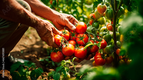 Farmer hands harvesting tomatoes. Generative AI,