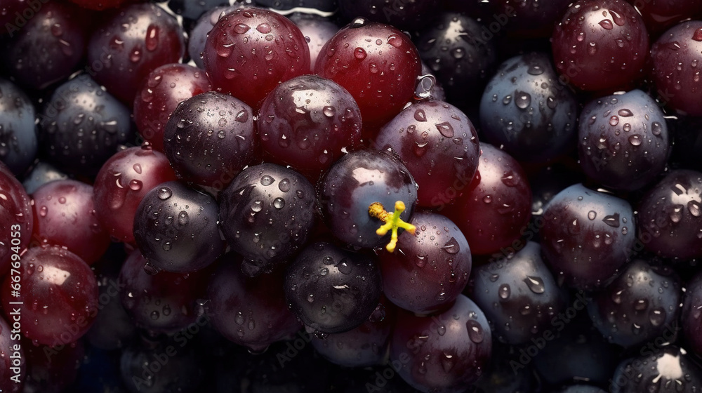 Fresh Black Grapes in Drops of Water On Dark Background Selective Focus Fresh Black Grapes in Drops of Water On Dark Background Selective Focus